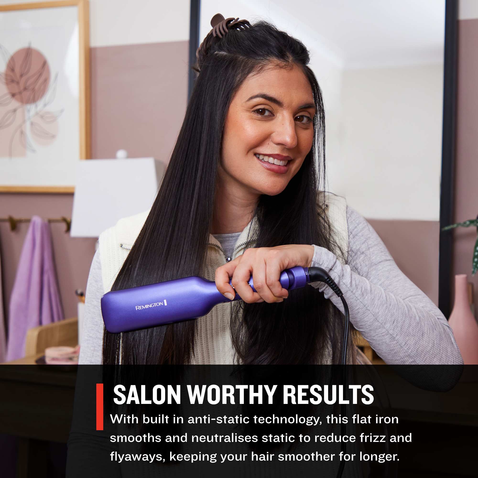Woman using S9355US Gloss™ 2 in Flat Iron with text about salon-worthy results and anti-static technology.