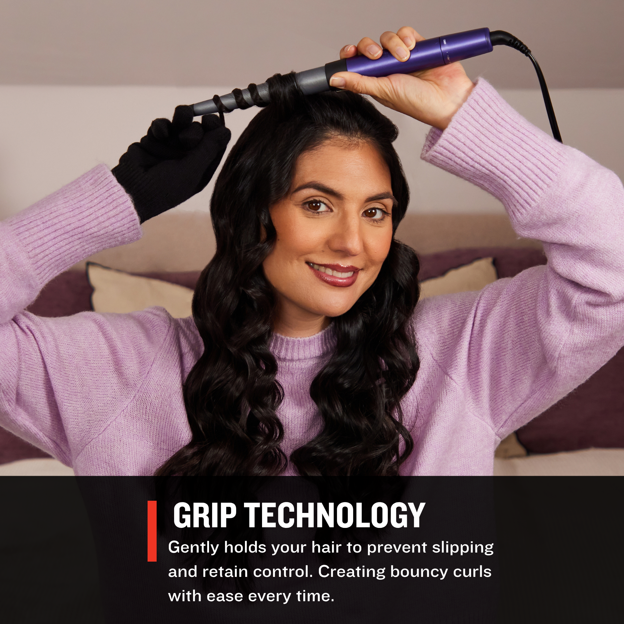 Woman using a hair styling tool with text about grip technology