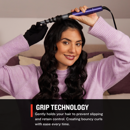 Woman using a hair styling tool with text about grip technology