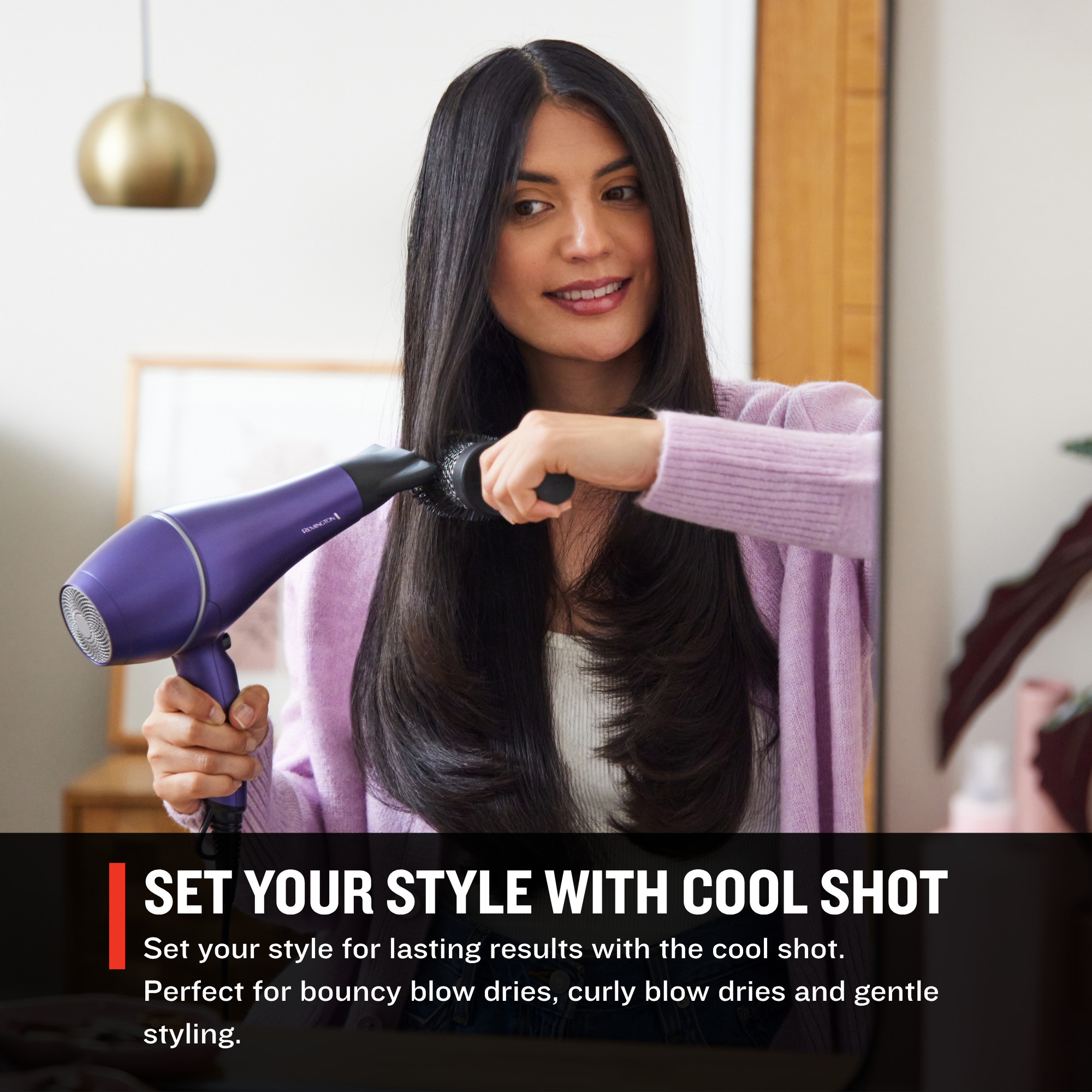 Woman using a AC9350US Gloss™ Hair Dryer with text about cool shot styling.