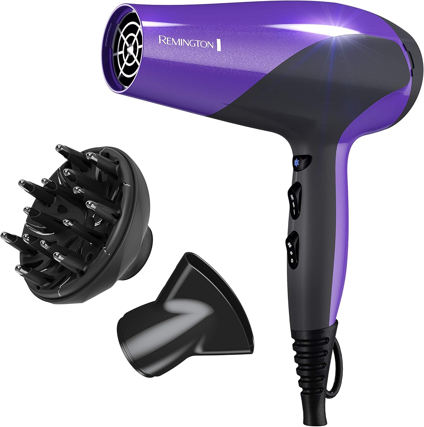Purple and black Remington hair dryer with attachments on a white background