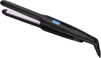 Black hair straightener with digital display on a white background