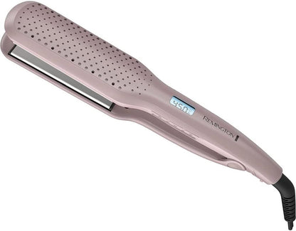Pink hair straightener with digital display on a white background