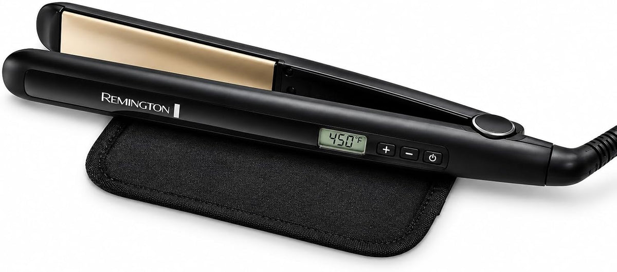A black Remington hair straightener with a digital temperature display, resting on a black fabric pouch against a white background.