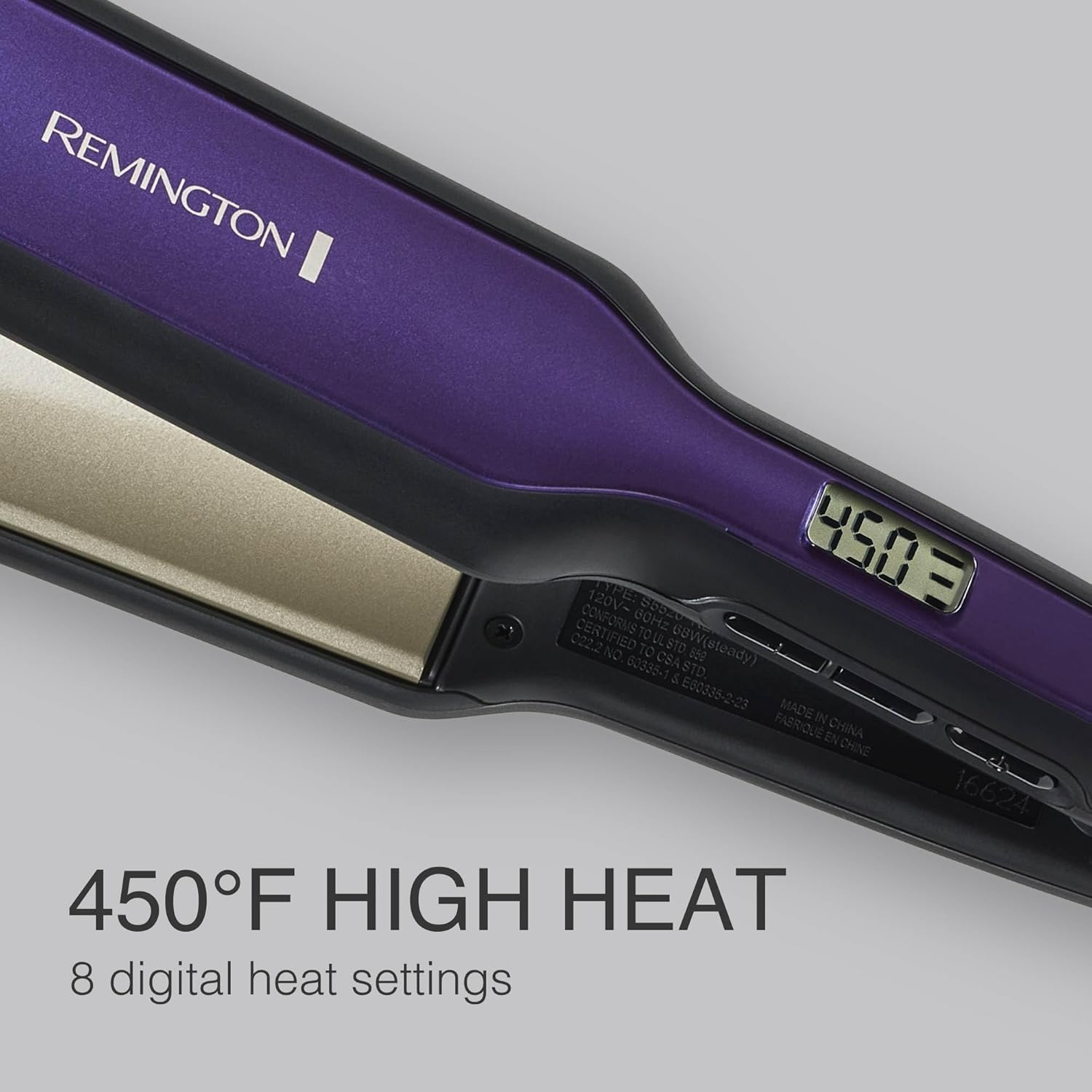 1 3/4" Anti Static Technology Flat Iron, hair straightener with digital display on a gray background