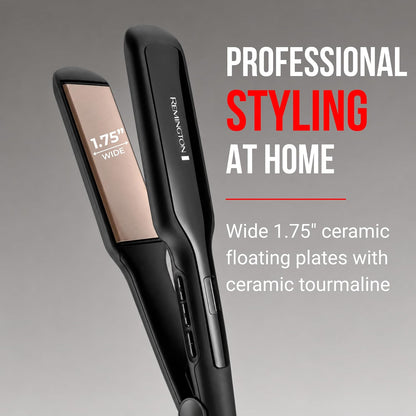 A black hair straightener shown at an angle with promotional text on a gray gradient background. The text reads 'PROFESSIONAL STYLING AT HOME' and 'Wide 1.