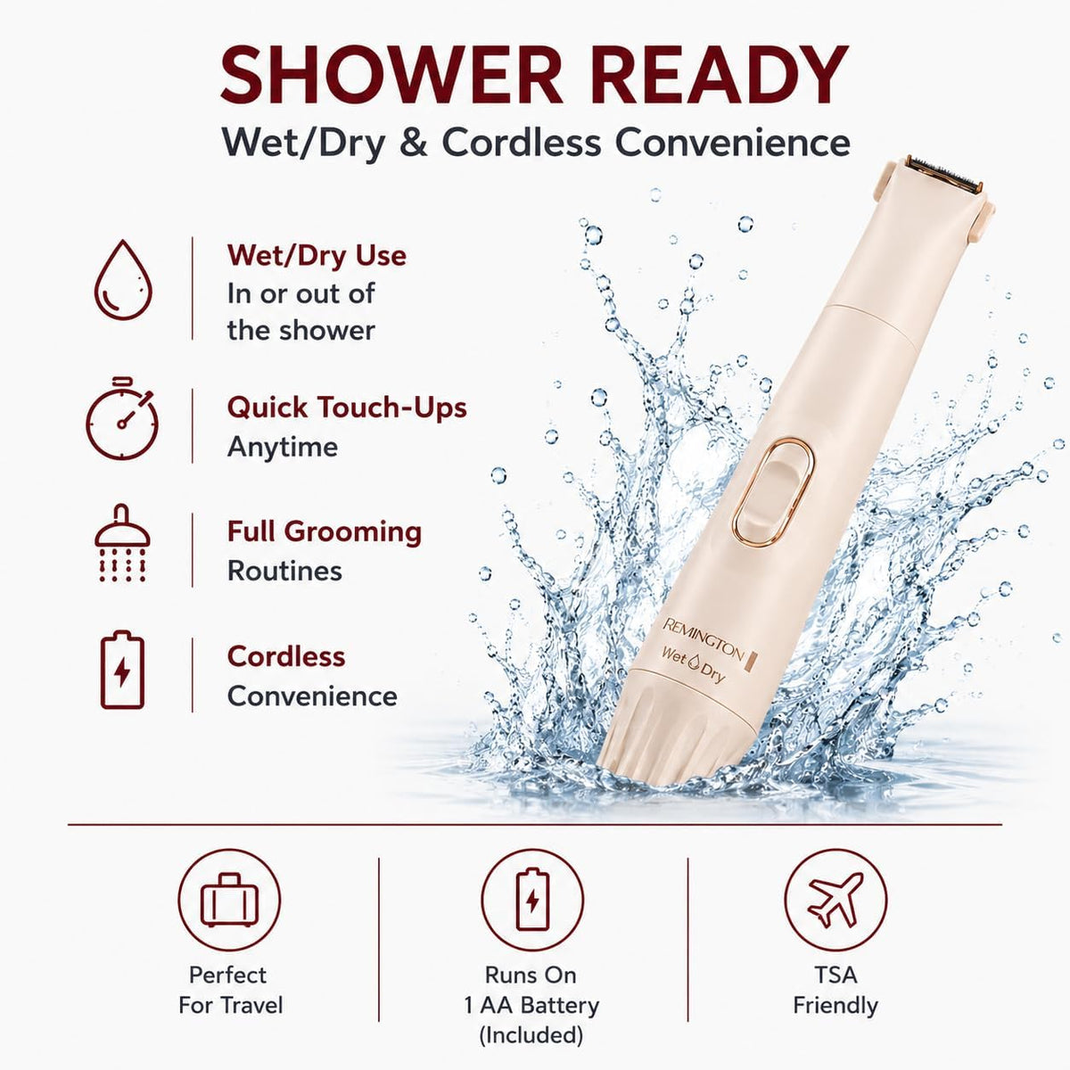A cordless electric shower trimmer shown on a white background with marketing text and splash graphics. The product is a slim beige trimmer with rose gold trim and a silver blade, with text highlighting wet/dry use, quick touch-ups, full grooming routines, cordless convenience, travel-friendly, and TSA-friendly.