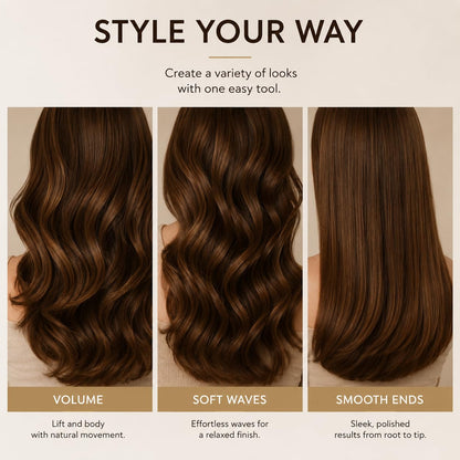 Three hairstyles with different hair product effects on a neutral background.