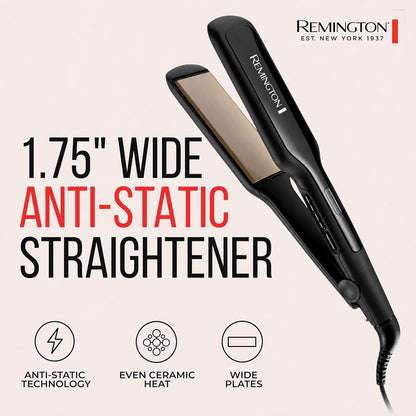 A black Remington 1.75" wide anti-static straightener shown on a light beige background with product text and feature icons.