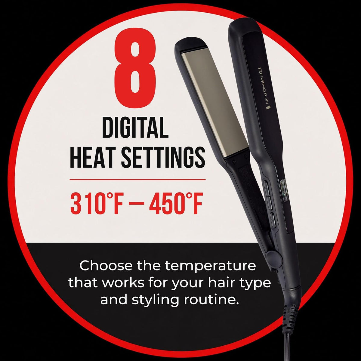 A black hair straightener with a metallic silver plate, shown inside a circular graphic with red and black text highlighting 8 digital heat settings from 310°F to 450°F.