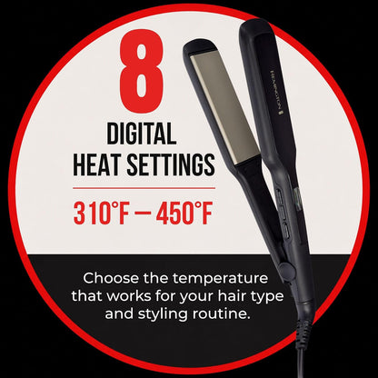 A black hair straightener with a metallic silver plate, shown inside a circular graphic with red and black text highlighting 8 digital heat settings from 310°F to 450°F.