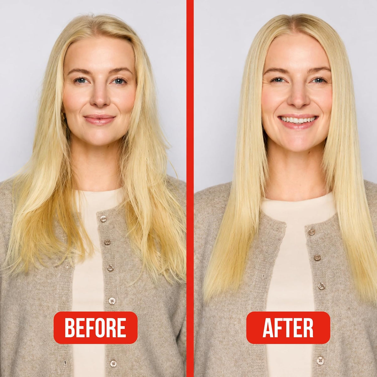 Before-and-after comparison of a blonde woman's hair, showing frizzy, textured hair on the left labeled 'BEFORE' and smooth, straight hair on the right labeled 'AFTER'.