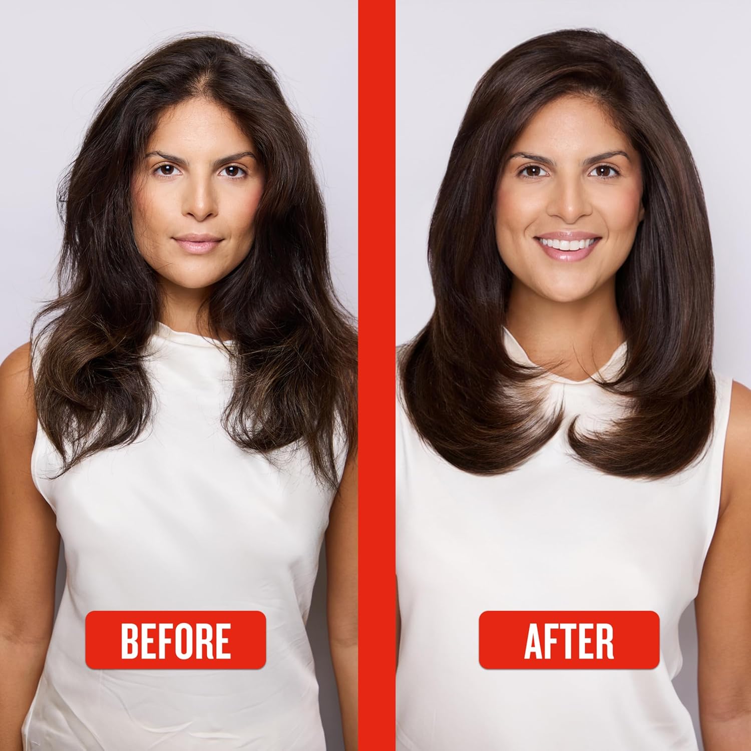 Before and after comparison of a woman with long hair, wearing a white top on a gray background.