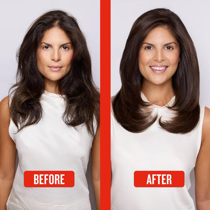 Before and after comparison of a woman with long hair, wearing a white top on a gray background.