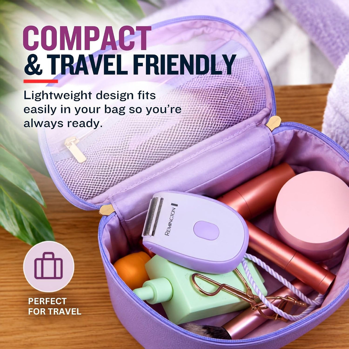 Compact travel bag filled with assorted toiletries, cosmetics and Remington Shaver.