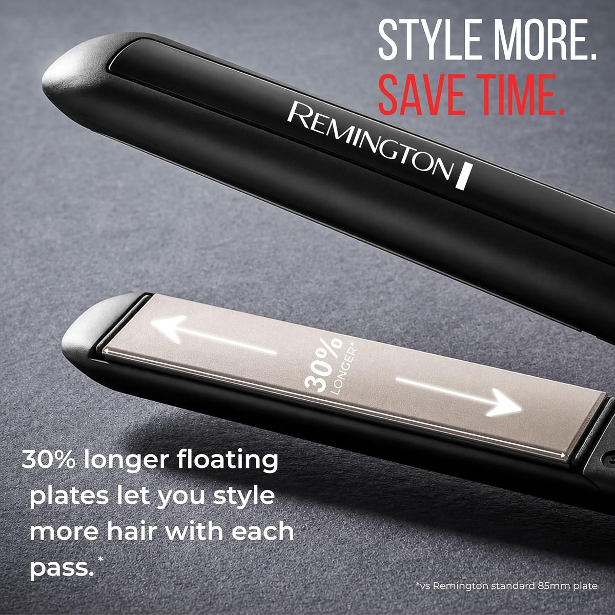 A S5503NA  Remington hair straightener shown in a close-up promotional shot on a dark textured surface. The black flat iron is angled diagonally, with one plate showing the brushed silver interior and the other showing the black exterior.