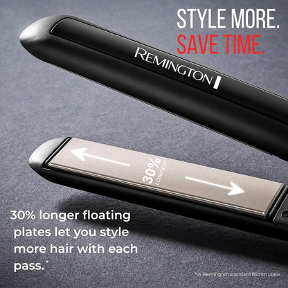 A S5503NA  Remington hair straightener shown in a close-up promotional shot on a dark textured surface. The black flat iron is angled diagonally, with one plate showing the brushed silver interior and the other showing the black exterior.