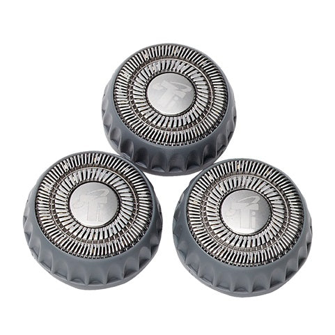 Three gray and silver shaver heads on a white background