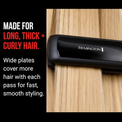 A black Remington hair straightener shown on a close-up section of light brown hair, with promotional text on the left reading 'MADE FOR LONG, THICK + CURLY HAIR' and 'Wide plates cover more hair with each pass for fast, smooth styling.'.