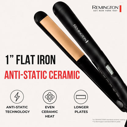 A black S5503NA Remington 1-inch flat iron with ceramic plates, shown at an angle on a light beige background with promotional text and feature icons.