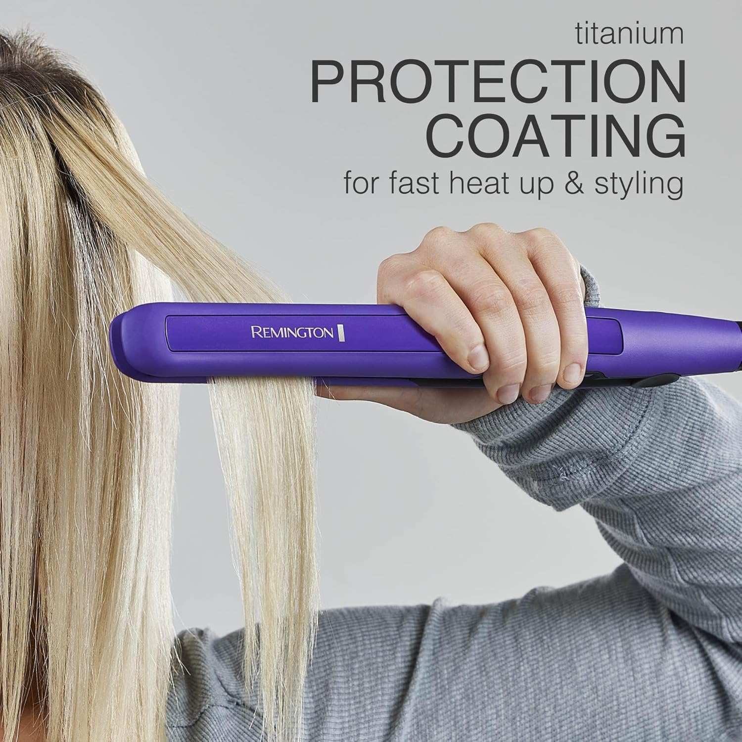 Person using a S5505P Remington hair straightener on blonde hair with text about titanium protection coating.