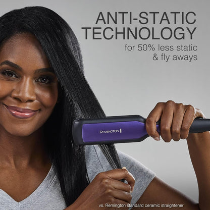 Woman using a Remington hair straightener with text about anti-static technology on a gray background