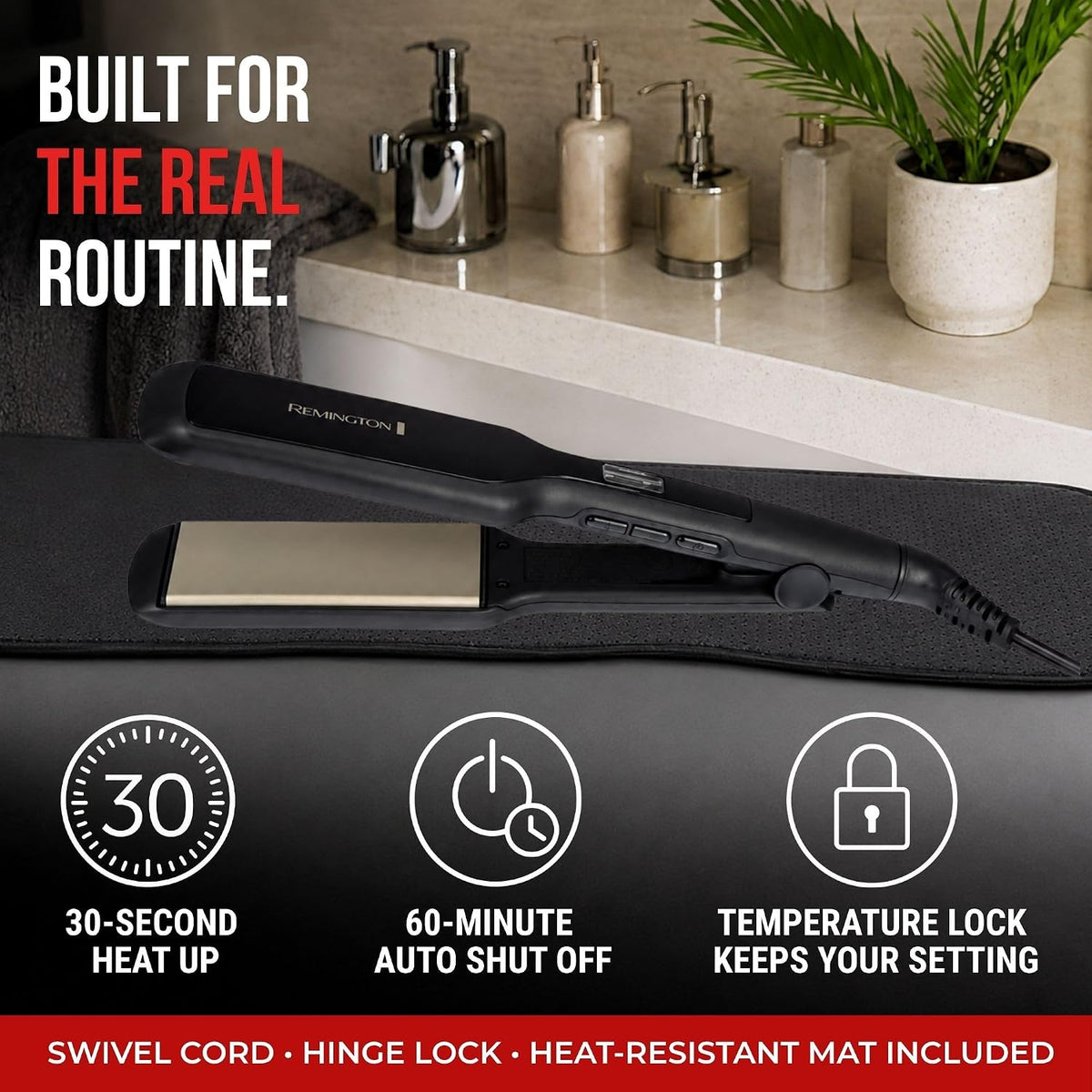 A black Remington flat iron with a metallic gold heating plate is displayed on a black travel case, set against a bathroom counter background with soap dispensers and a plant. The image includes promotional text and feature icons highlighting quick heat-up speed, auto shut-off, temperature lock, and included accessories.