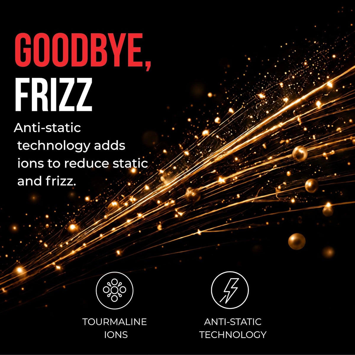 Promotional graphic with the text 'GOODBYE, FRIZZ' on a black background.