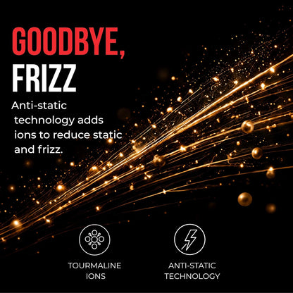 Promotional graphic with the text 'GOODBYE, FRIZZ' on a black background.
