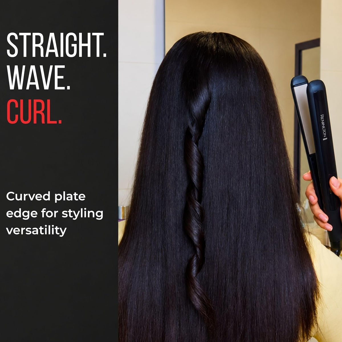 A person shown from the back with long, straight black hair, holding a hair straightener. The left side has a black text panel reading 'STRAIGHT.