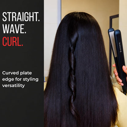 A person shown from the back with long, straight black hair, holding a hair straightener. The left side has a black text panel reading 'STRAIGHT.