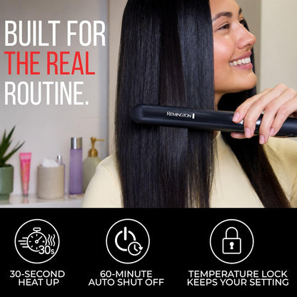 A woman with long, straight black hair uses a black Ravuvin hair straightener on her hair. The image includes marketing text reading 'BUILT FOR THE REAL ROUTINE.