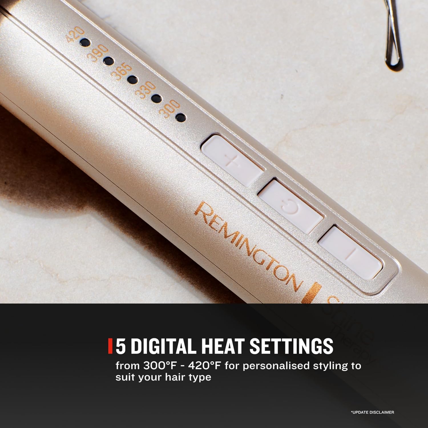 Remington hair styling tool with digital heat settings on a white background