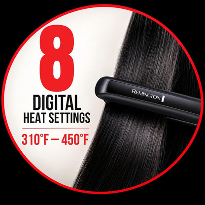 A black Remington hair straightener shown in a circular promotional graphic with red text reading '8 DIGITAL HEAT SETTINGS' and '310°F - 450°F'. The straightener is clamping dark hair, with a black background around the circular design.