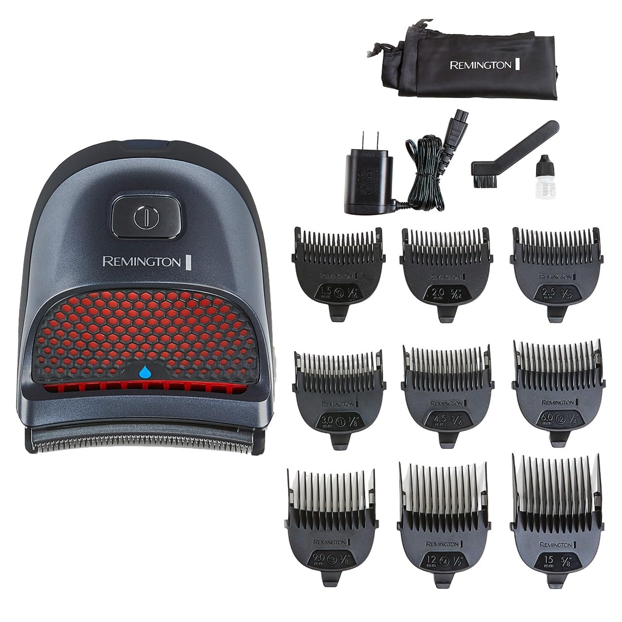 Remington hair grooming kit with shaver, attachments, and travel case on a white background
