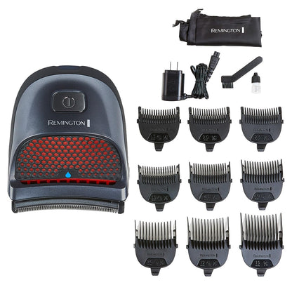Remington hair grooming kit with shaver, attachments, and travel case on a white background