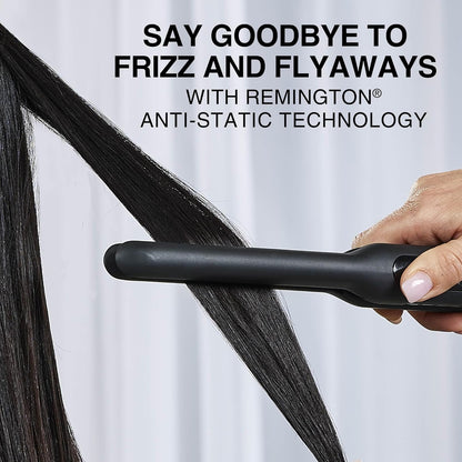 Person using a Remington hair straightener on straight hair with text about anti-static technology.