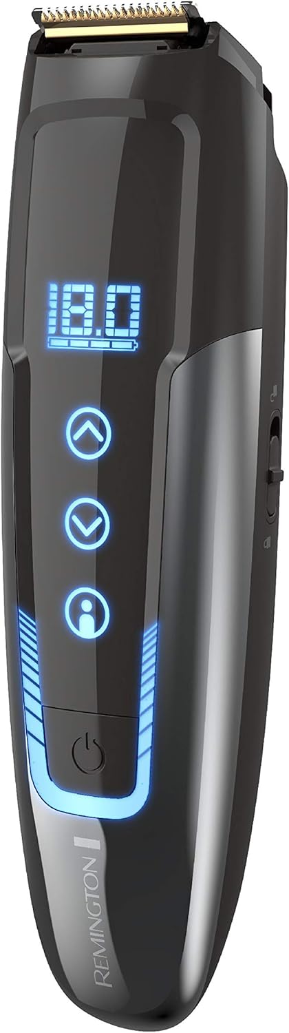 Hair trimmer with digital display and brand name on a black background