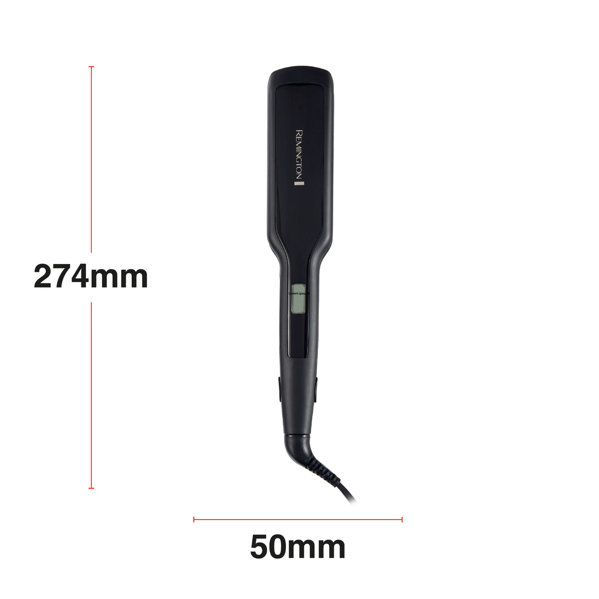A black hair straightener shown on a white background with dimension lines indicating a height of 274mm and a width of 50mm.