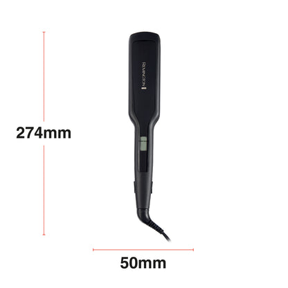 A black hair straightener shown on a white background with dimension lines indicating a height of 274mm and a width of 50mm.
