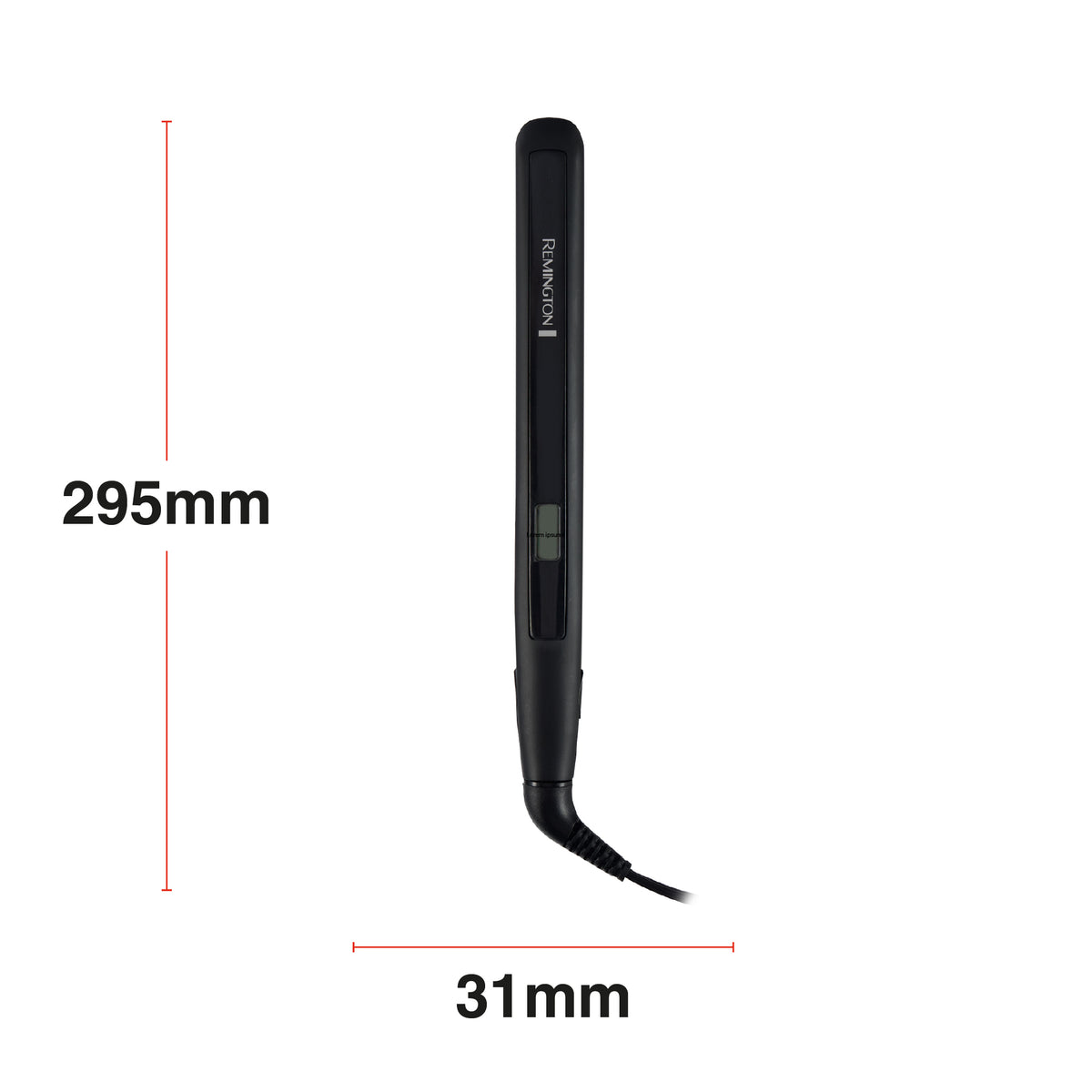 Black hair straightener shown on a white background with dimension markers indicating a height of 295mm and a width of 31mm.