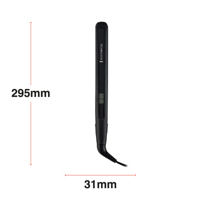 Black hair straightener shown on a white background with dimension markers indicating a height of 295mm and a width of 31mm.