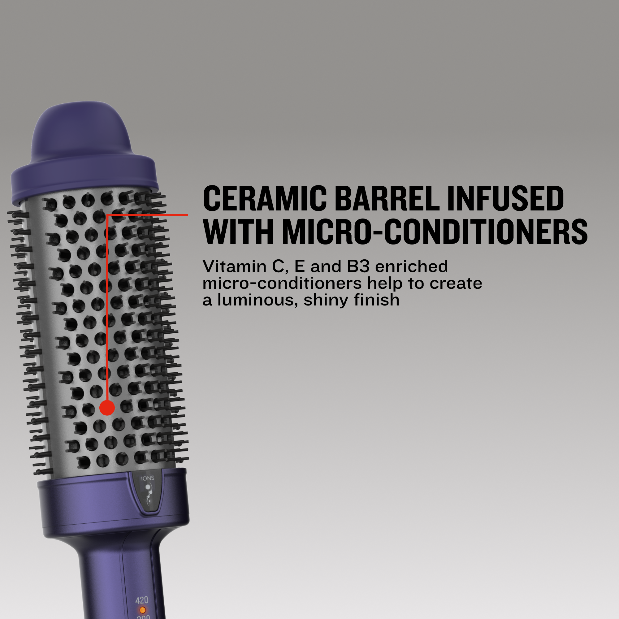 CB9344US Gloss™ Thermal Brush ceramic barrel and text about micro-conditioners on a gray background