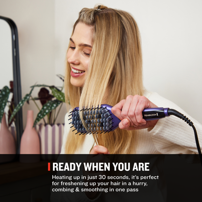 Girl straightening hair with Remington straightening brush with copy saying Ready When You Are