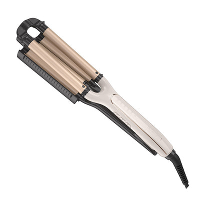 Hair straightener with beige and black design on a white background