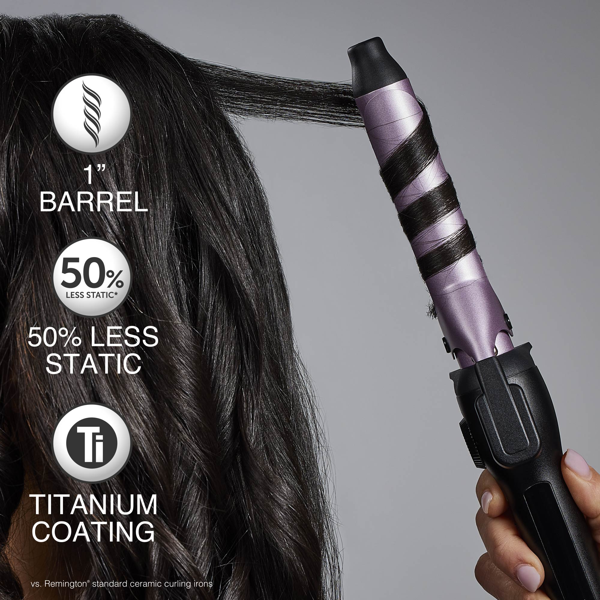 Hair curling iron with text highlighting features on a gray background