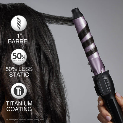 Hair curling iron with text highlighting features on a gray background