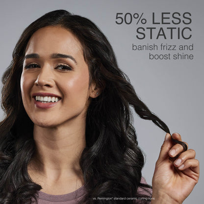 Woman with styled hair holding a section, with text about reducing static and improving hair shine.