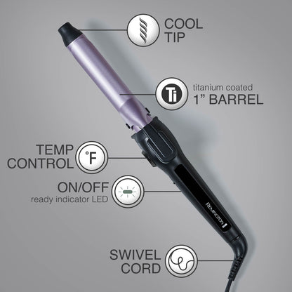Hair styling tool with labeled features on a gray background