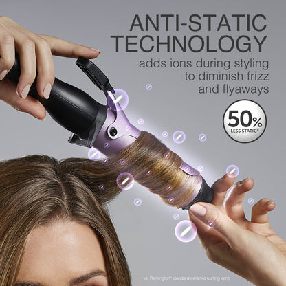 Curling Wand being used on hair with text about anti-static technology